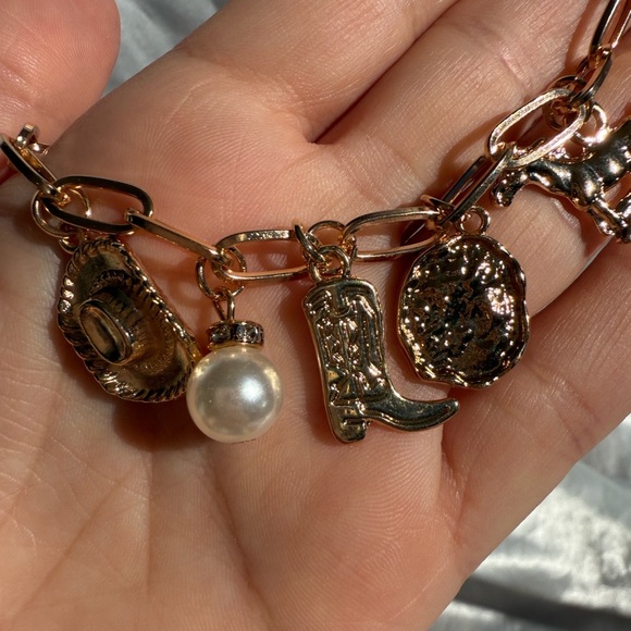 Gold Chain Western Charm Bracelet – Cowboy Boot, Hat & Pearl Charms - Picture 5 of 7
